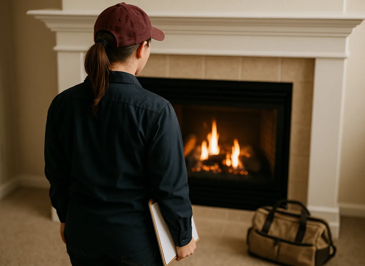 Technician giving a serviced gas fireplace its final check, clipboard at her side