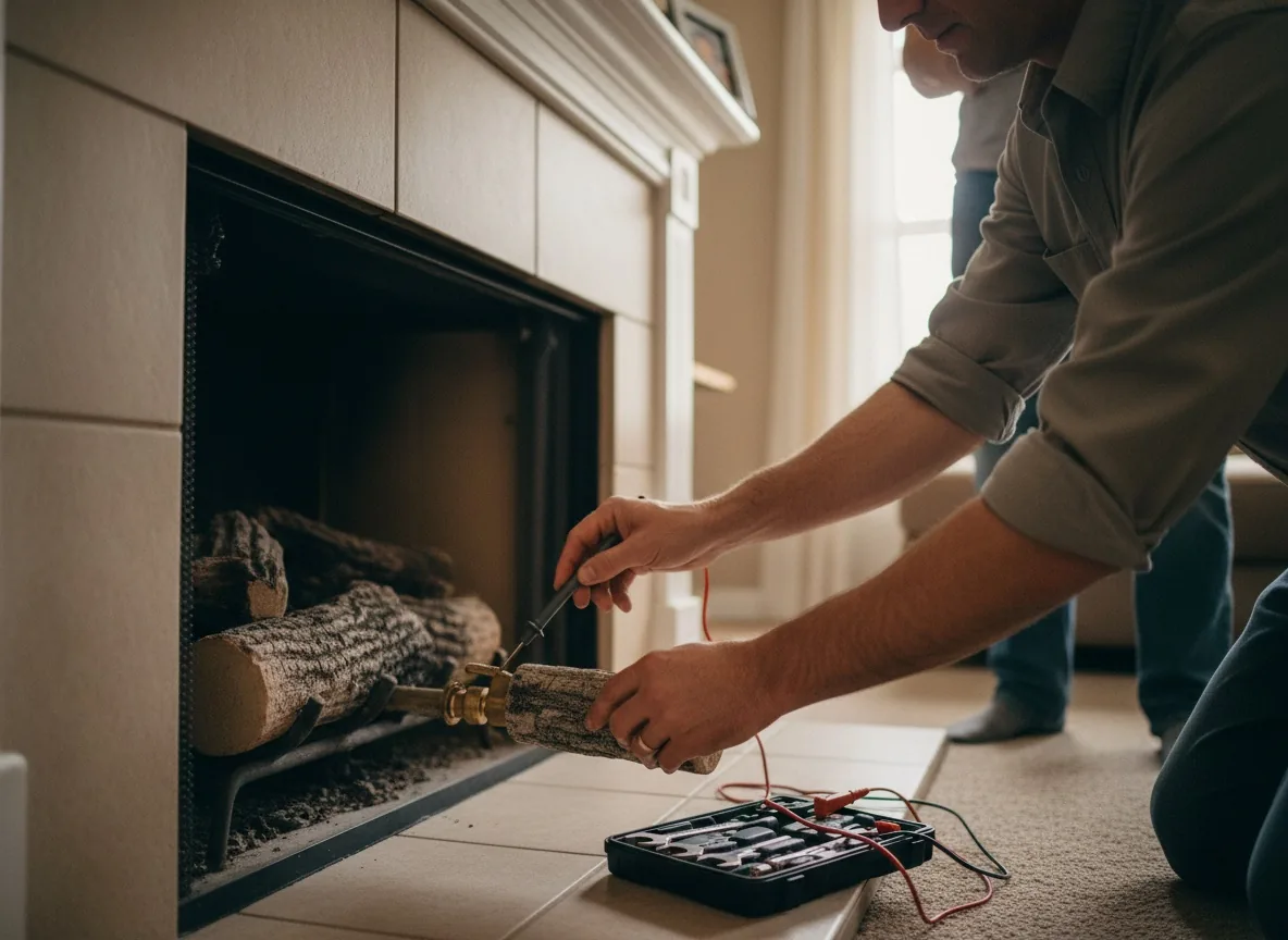 Technician testing a gas log set at an open fireplace, tool kit on the floor beside the hearth