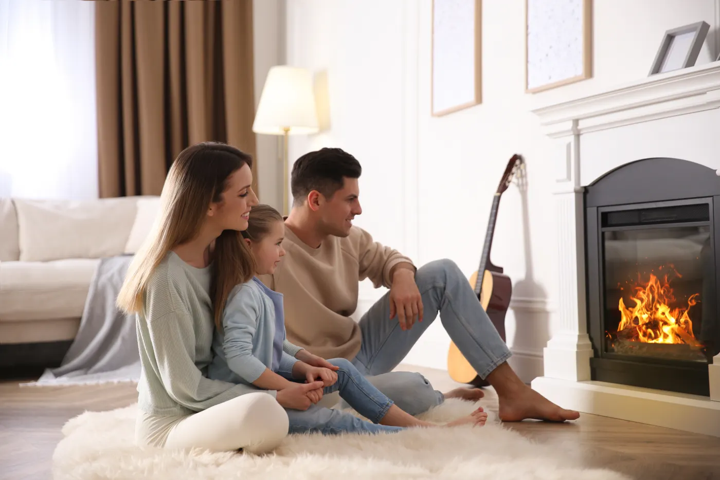 A warm gas fireplace glowing in a Frederick County living room